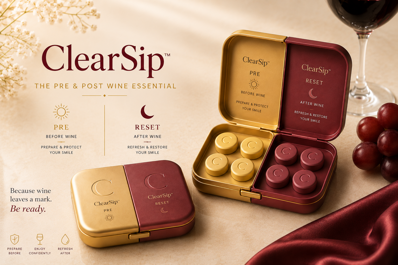 ClearSip — the pre and post wine essential: gold PRE and burgundy RESET tins beside a glass of red wine