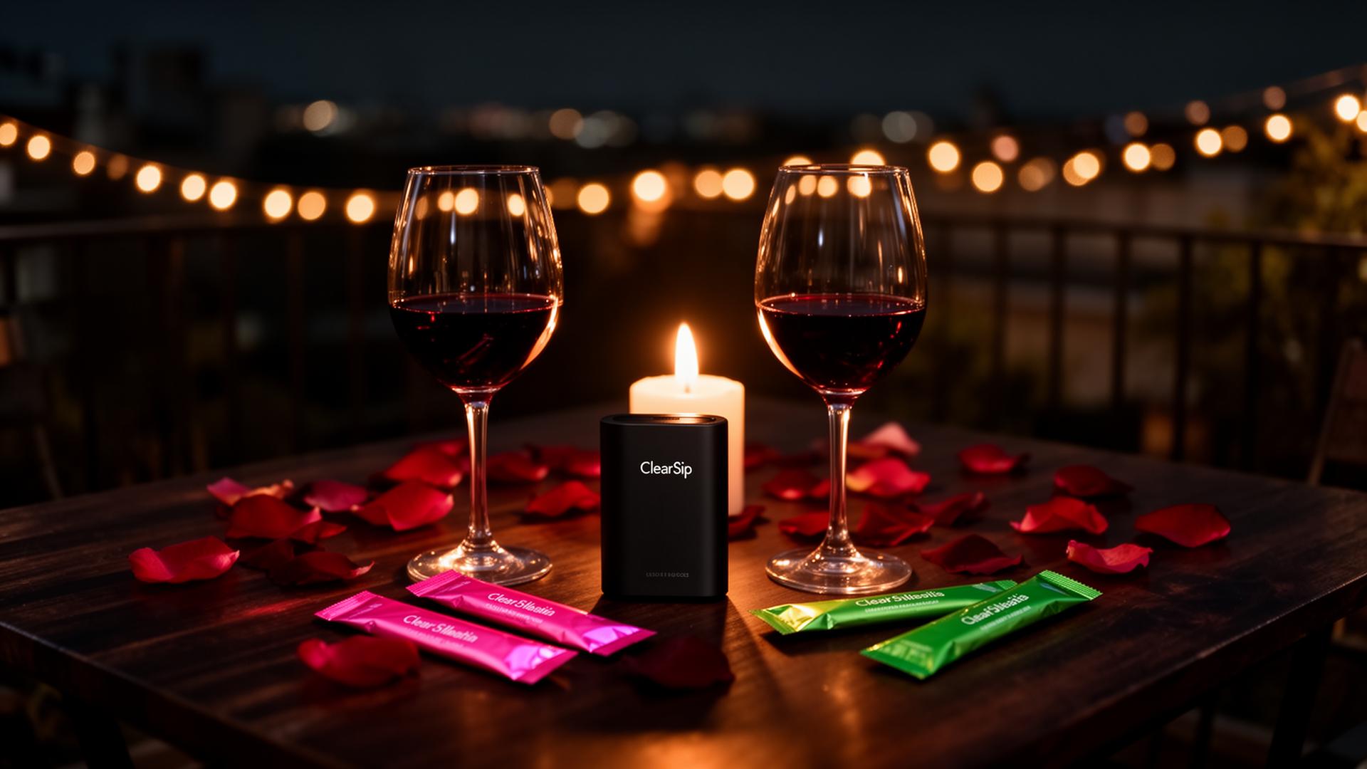 Candlelit rooftop dinner at night with wine glasses and ClearSip sip pouches