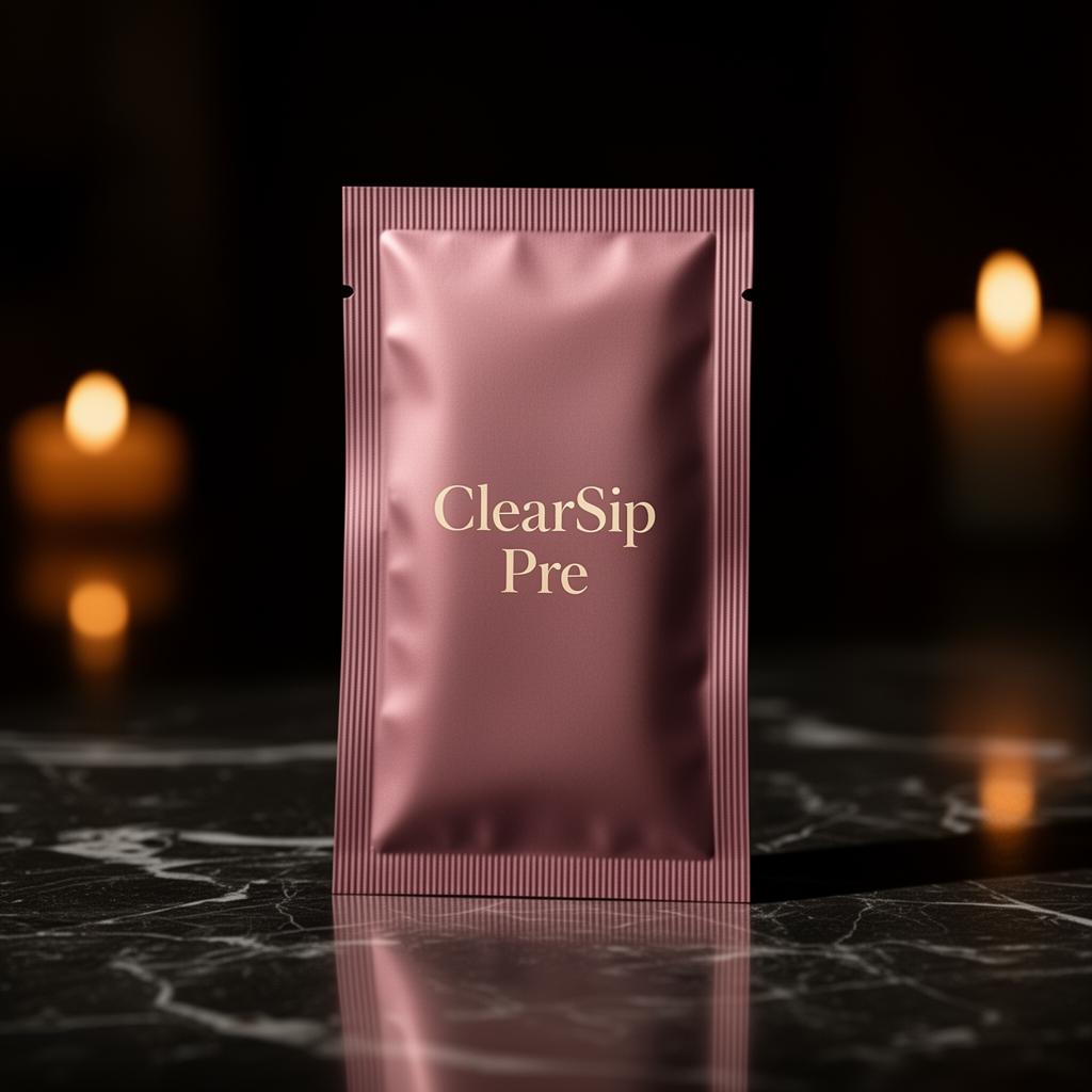 ClearSip Pre rose-pink sip pouch on dark marble with candlelight