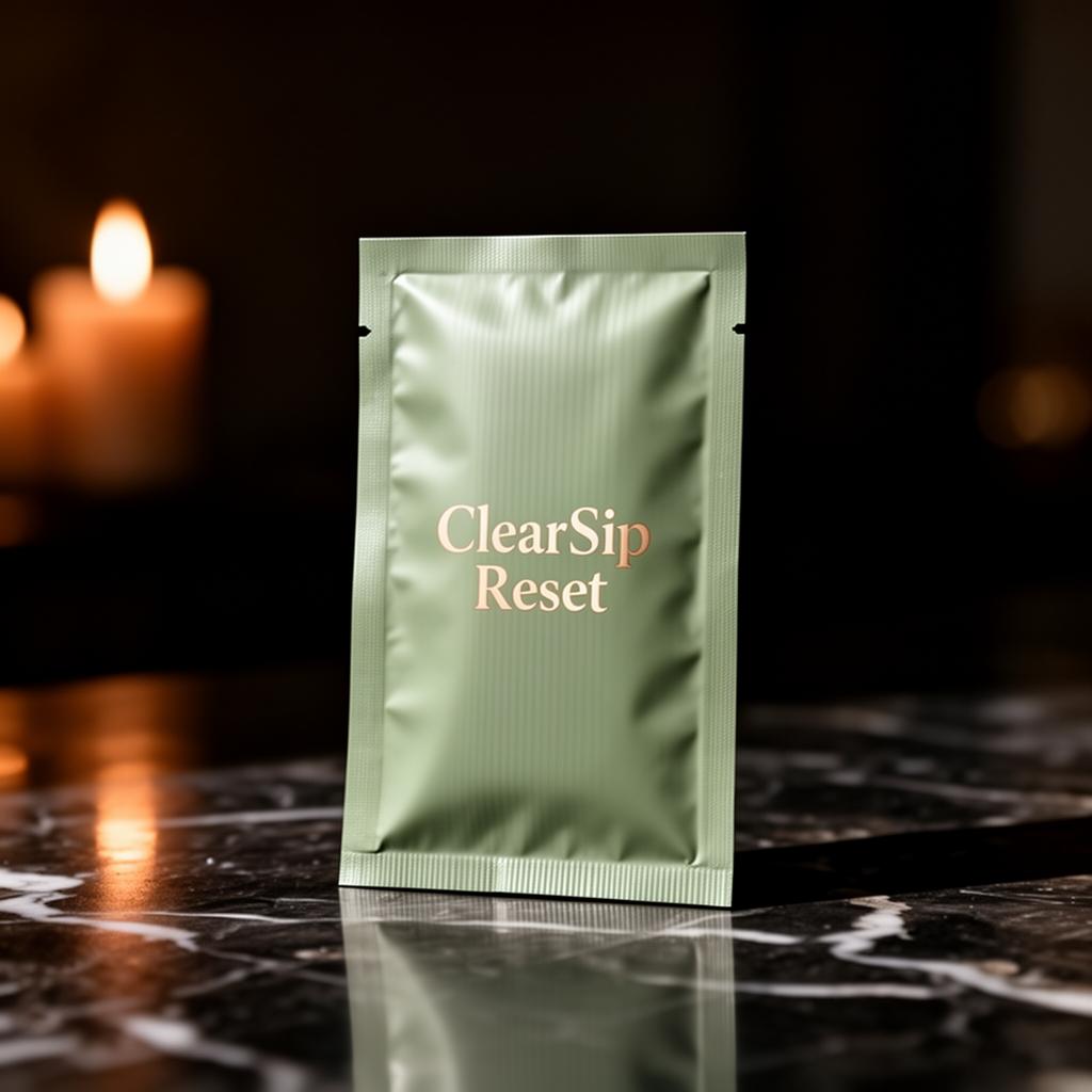 ClearSip Reset sage-green sip pouch on dark marble with candlelight